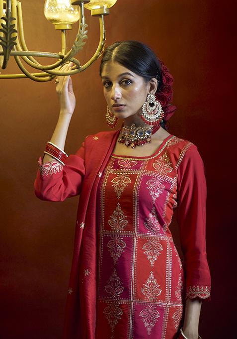 Red Zari Embroidered Silk Kurta Set