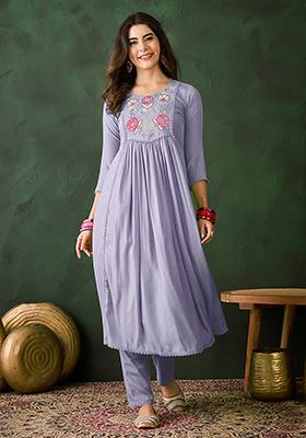 Grey Zari Embroidered Chinon Kurta Set