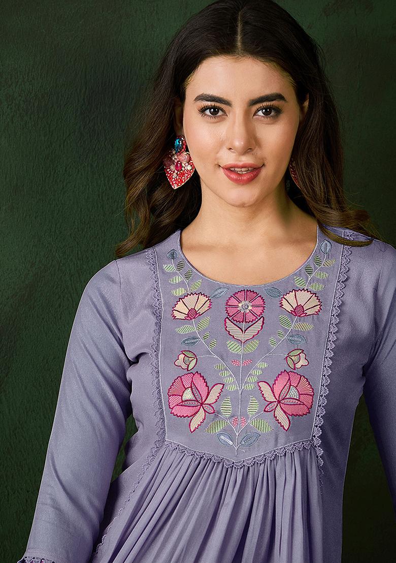 Grey Zari Embroidered Chinon Kurta Set