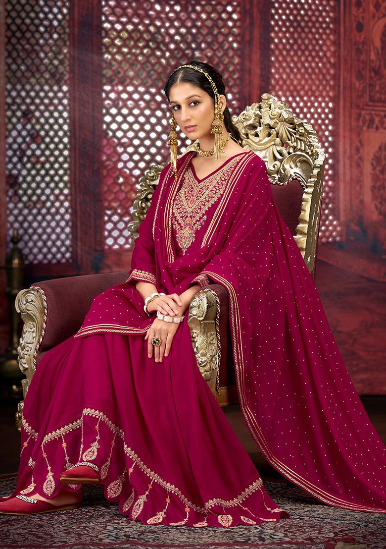 Pink Zari Embroidered Silk Kurta Set