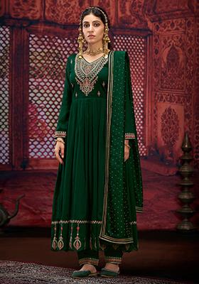 Green Zari Embroidered Silk Kurta Set