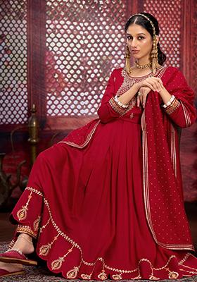 Red Zari Embroidered Silk Kurta Set