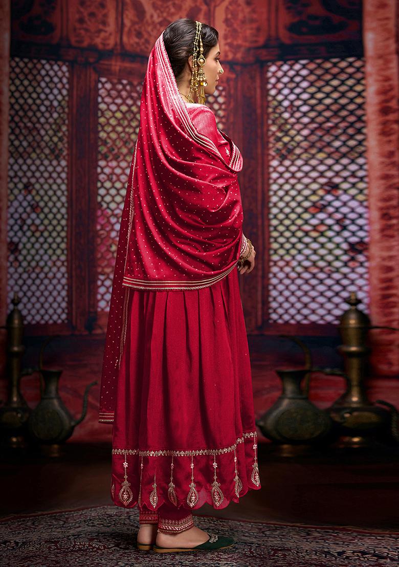 Red Zari Embroidered Silk Kurta Set
