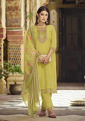 Yellow Zari Embroidered Cotton Kurta Set