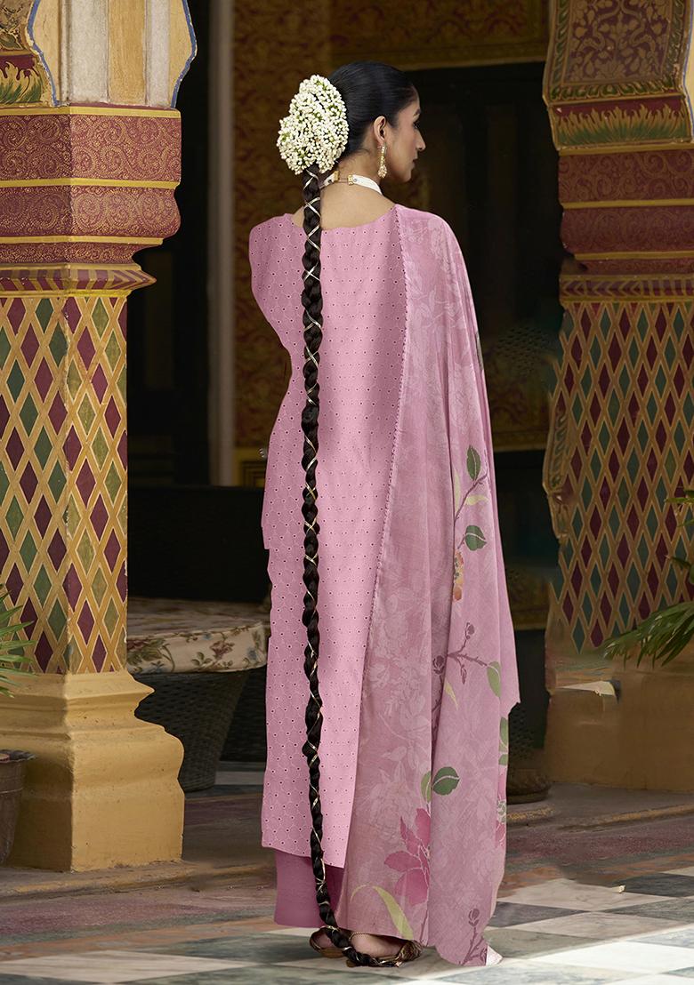 Pink Zari Embroidered Cotton Kurta Set