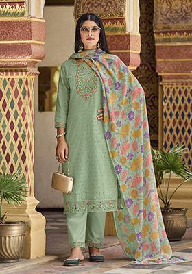 Green Zari Embroidered Cotton Kurta Set