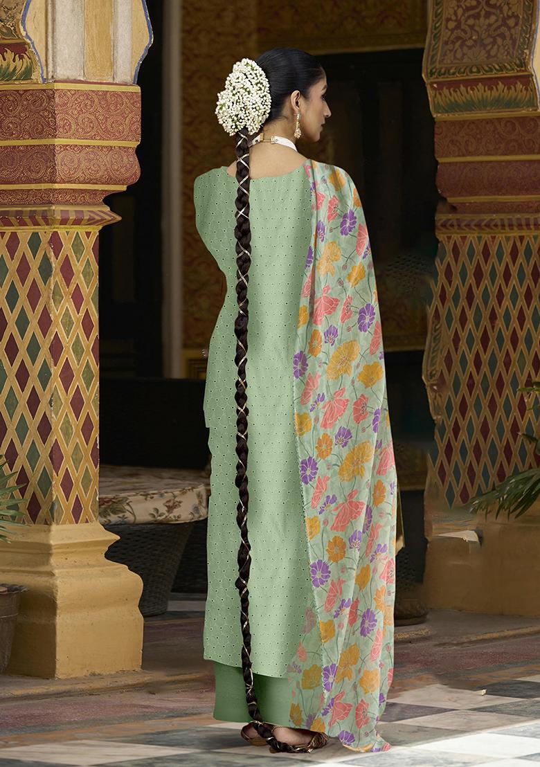 Green Zari Embroidered Cotton Kurta Set