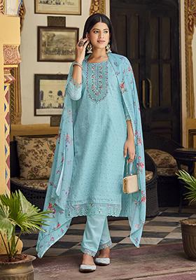 Blue Zari Embroidered Cotton Kurta Set