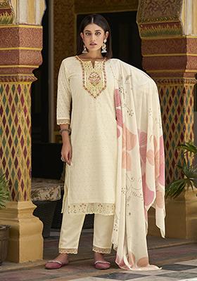 Off White Zari Embroidered Cotton Kurta Set