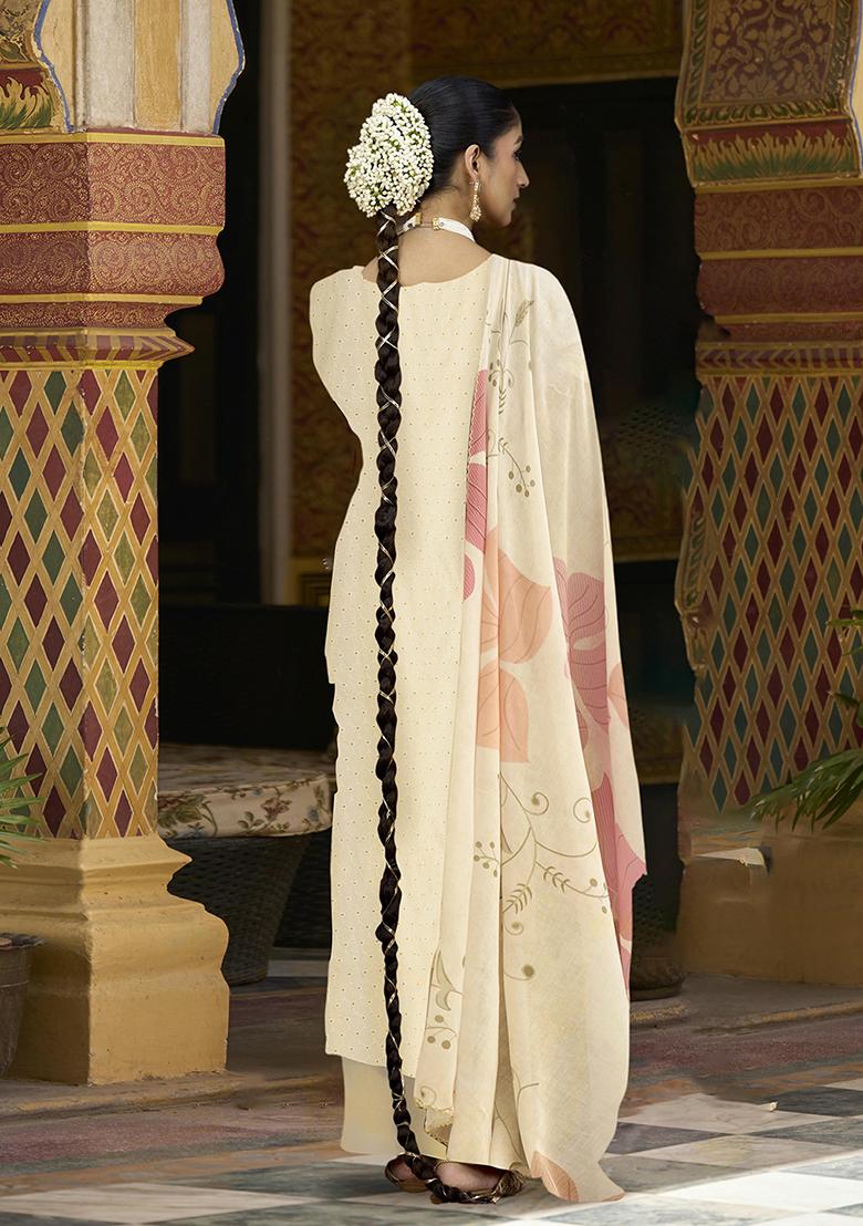 Off White Zari Embroidered Cotton Kurta Set