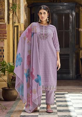 Purple Zari Embroidered Cotton Kurta Set
