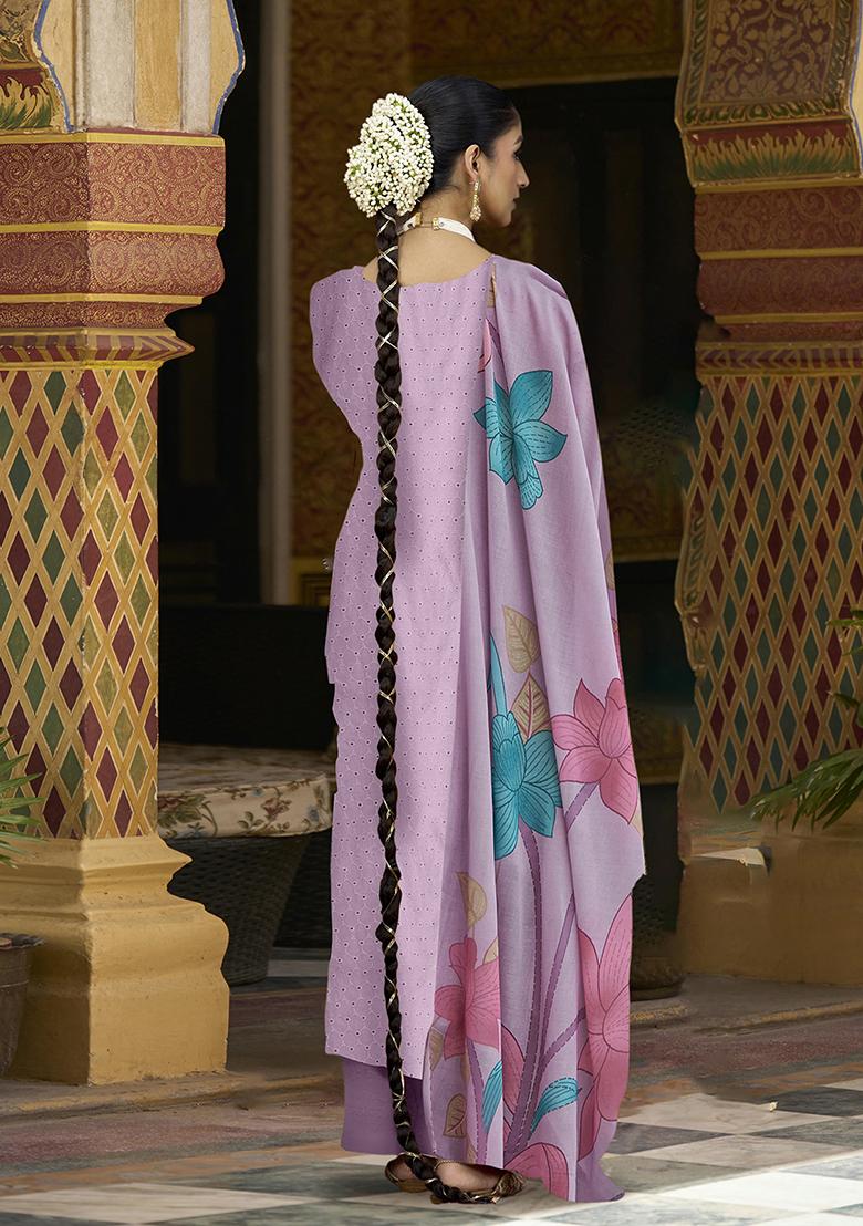 Purple Zari Embroidered Cotton Kurta Set