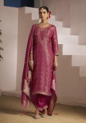 Maroon Zari Embroidered Viscose Kurta Set