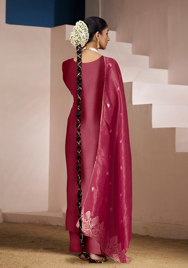 Maroon Zari Embroidered Viscose Kurta Set