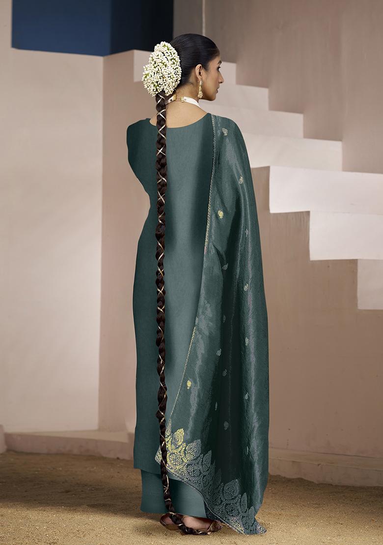 Blue Zari Embroidered Viscose Kurta Set