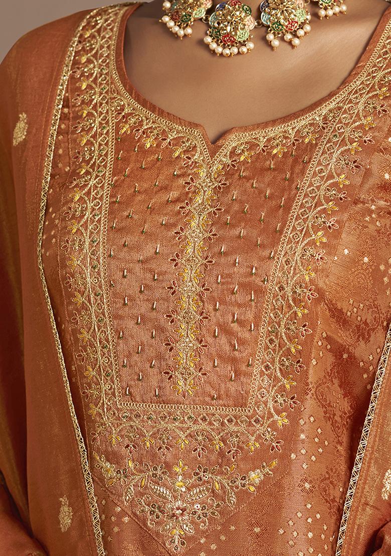 Orange Zari Embroidered Viscose Kurta Set