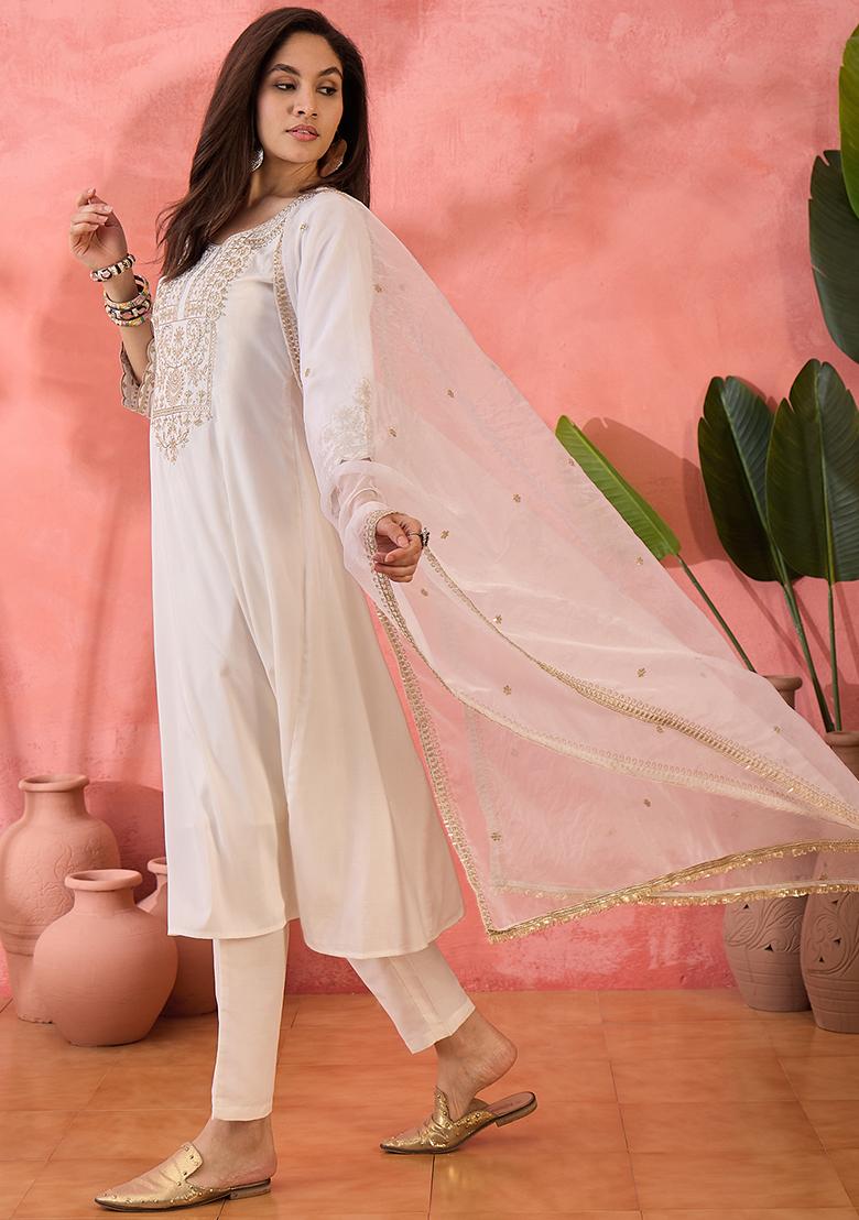 Off White Zari Embroidered Legend Silk Kurta Set