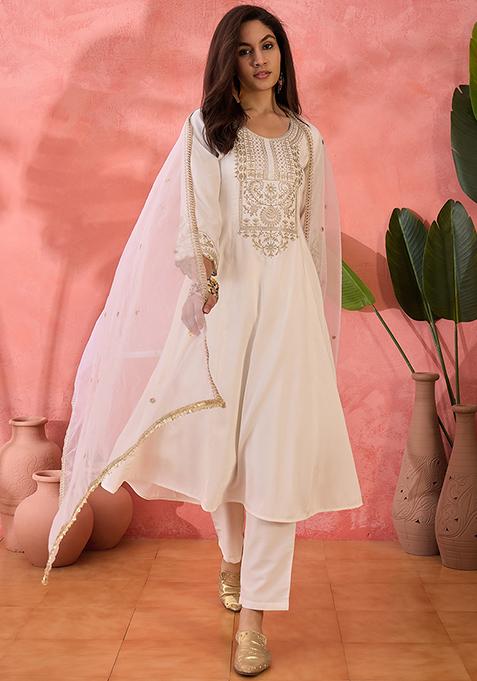 Off White Zari Embroidered Legend Silk Kurta Set