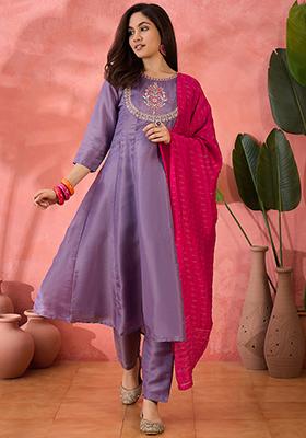 Lavender Zari Embroidered Chanderi Kurta Set