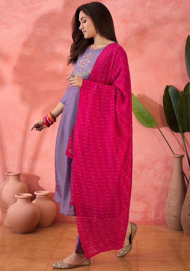 Lavender Zari Embroidered Chanderi Kurta Set