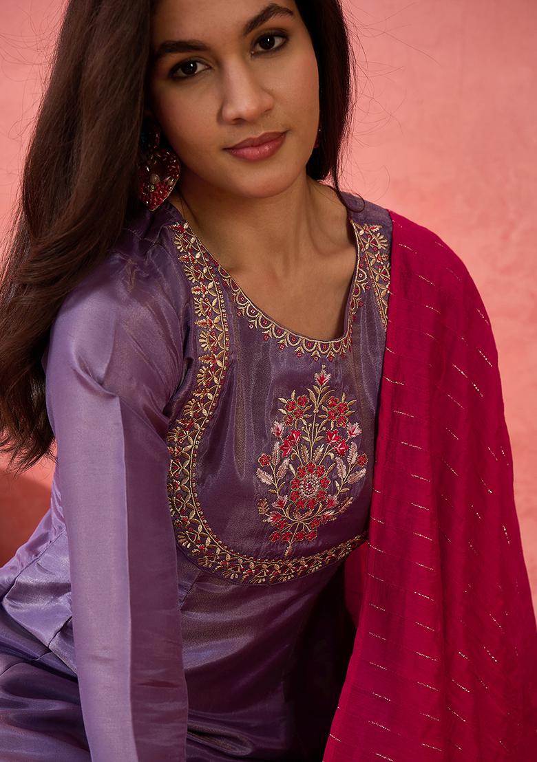 Lavender Zari Embroidered Chanderi Kurta Set
