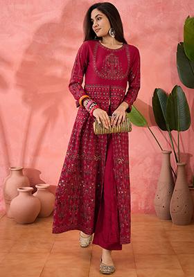 Maroon Zari Embroidered Rayon Kurta Set