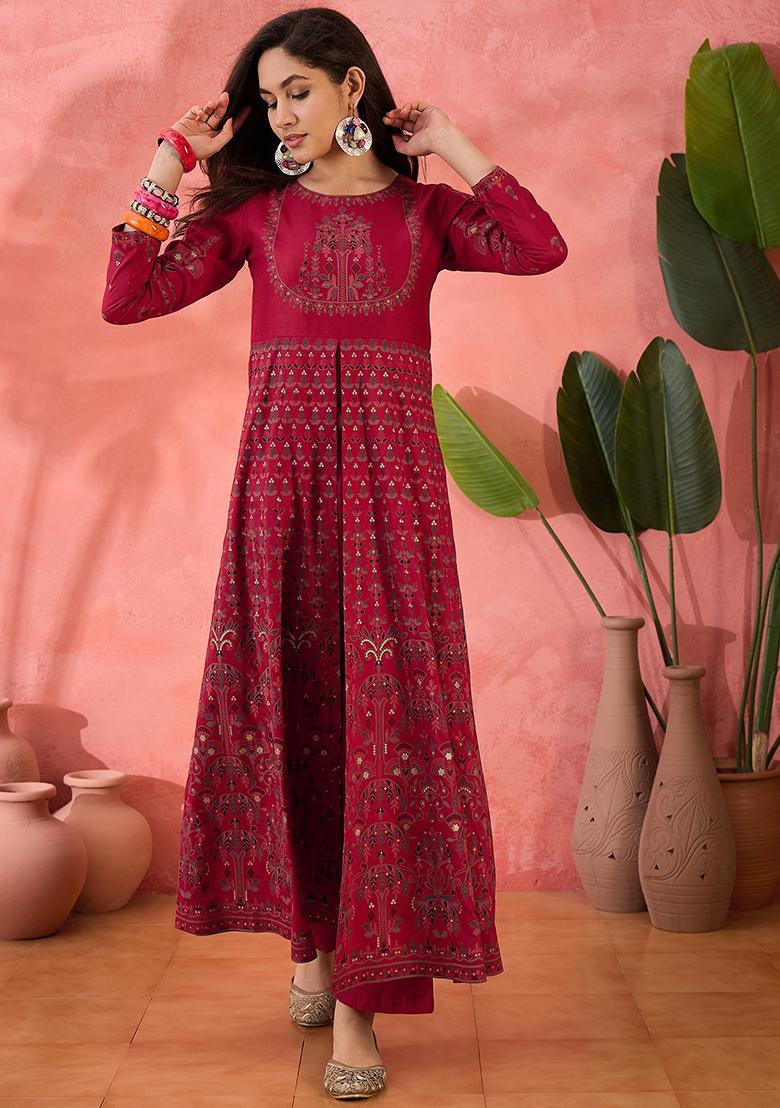 Maroon Zari Embroidered Rayon Kurta Set