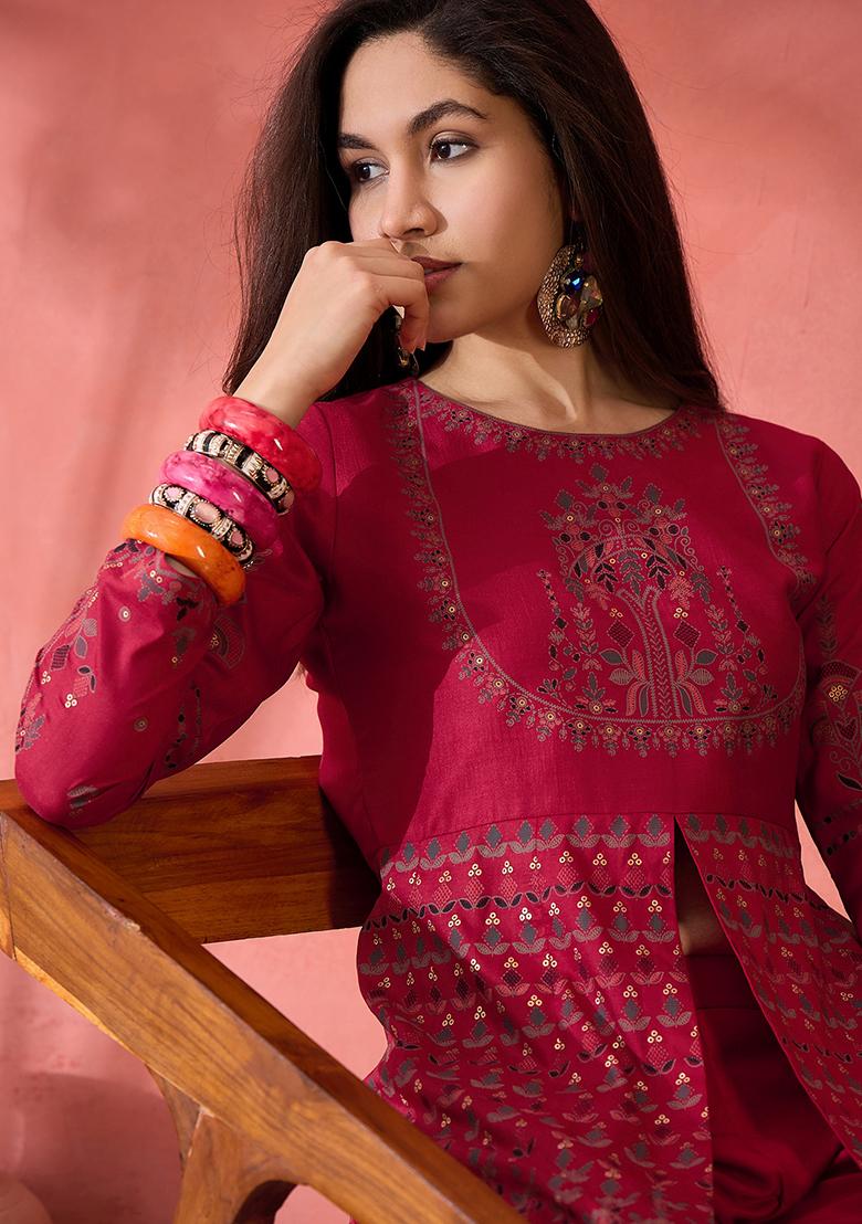 Maroon Zari Embroidered Rayon Kurta Set