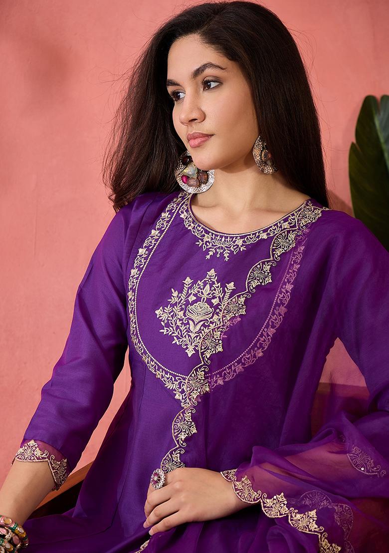 Purple  Zari Embroidered Bitaliyan Kurta Set