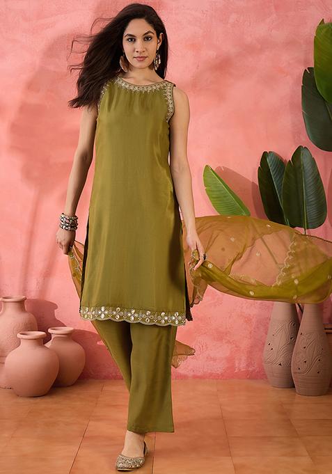 Parrot Green Zari Embroidered Santoon Silk Kurta Set