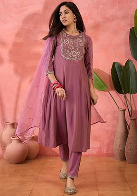 Dusty Pink Zari Embroidered Silk Blend Kurta Set