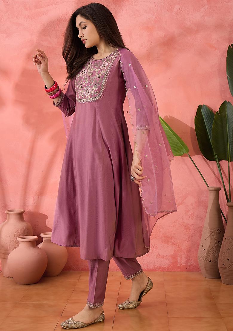 Dusty Pink Zari Embroidered Silk Blend Kurta Set