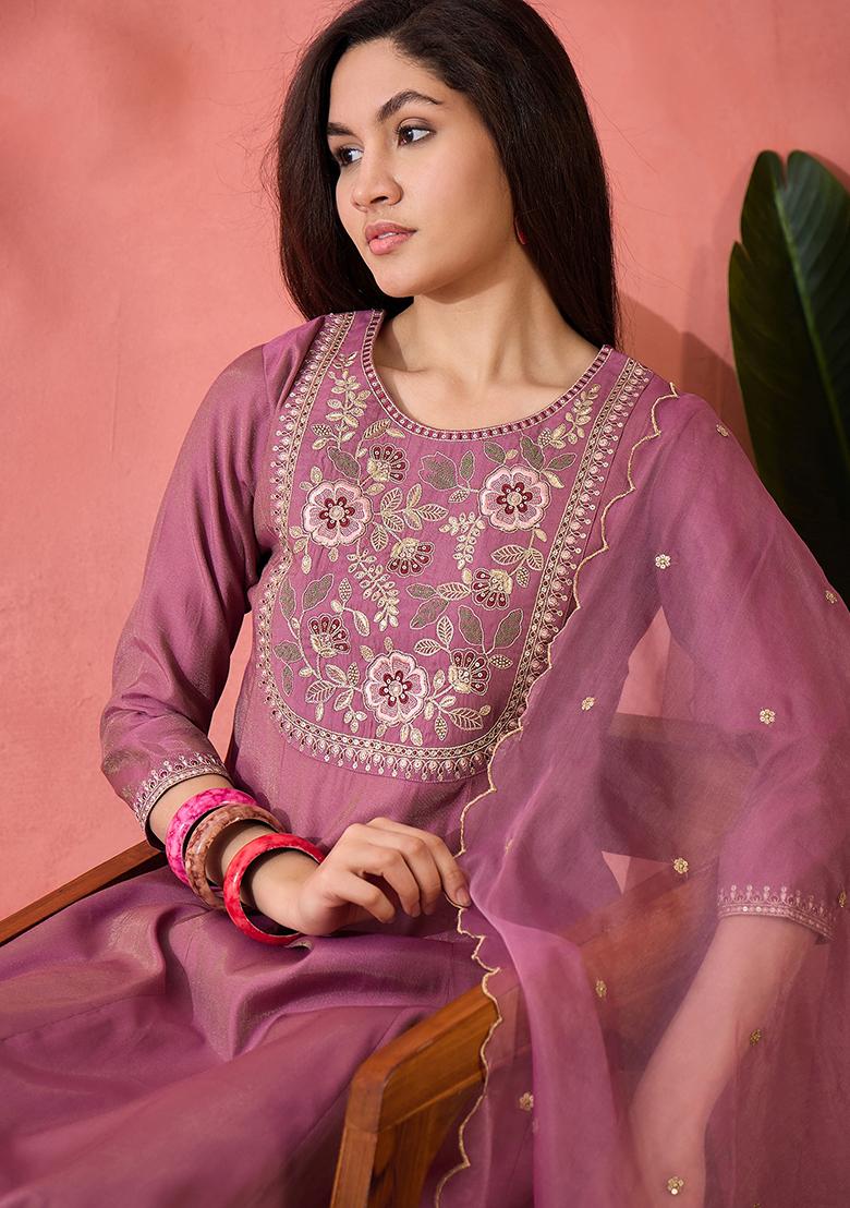 Dusty Pink Zari Embroidered Silk Blend Kurta Set