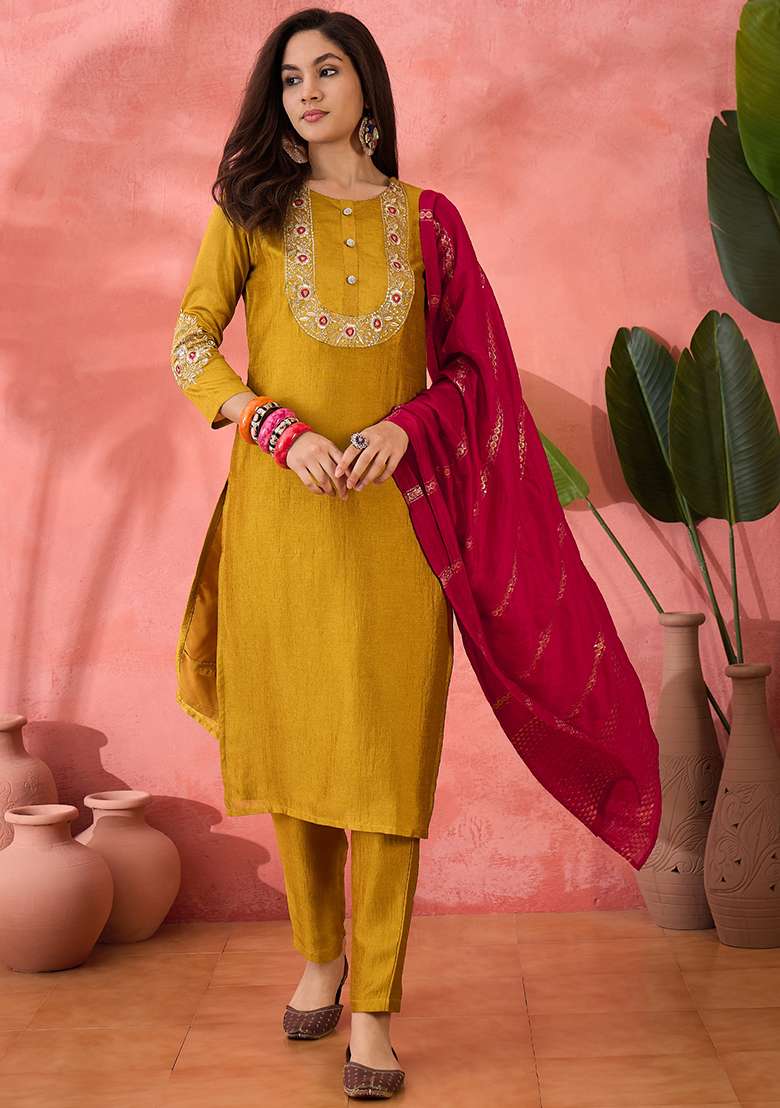 Mustard Embroidered Vichitra Straight Kurta Set - Indya