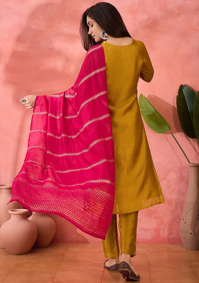 Mustard Embroidered Vichitra Straight Kurta Set - Indya