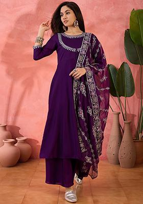 Purple Zari Embroidered Vichitra Kurta Set