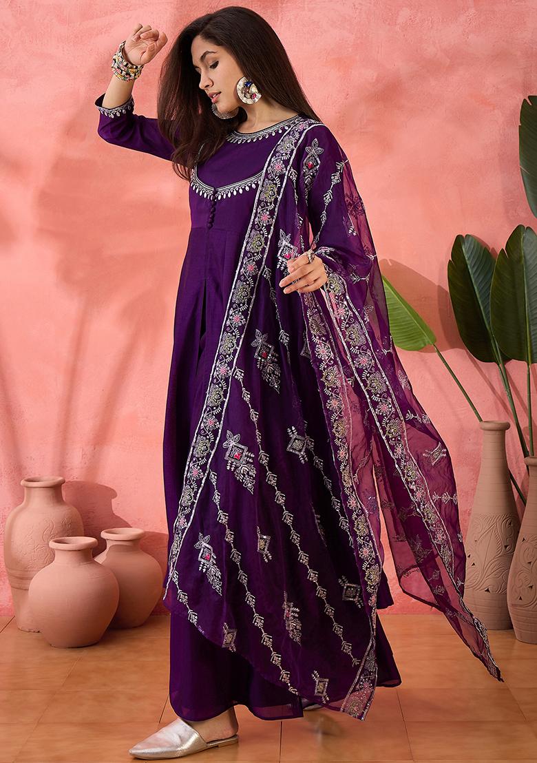 Purple Zari Embroidered Vichitra Kurta Set