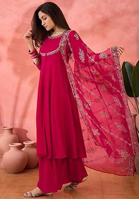 Pink Zari Embroidered Vichitra Kurta Set