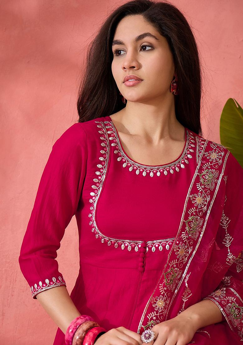 Pink Zari Embroidered Vichitra Kurta Set