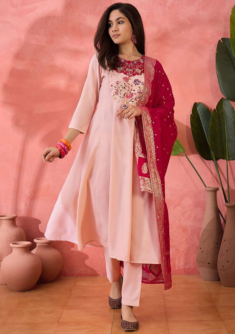 Light Pink Zari Embroidered Bitaliyan Kurta Set - Indya