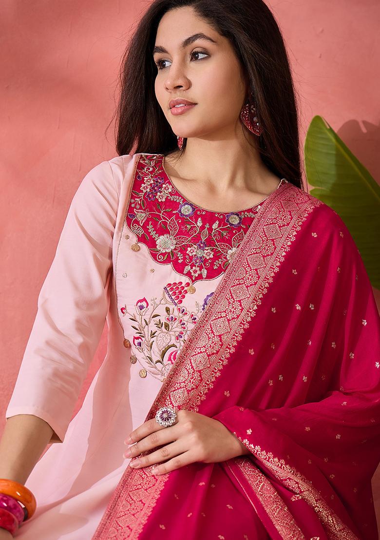 Light Pink Zari Embroidered Bitaliyan Kurta Set