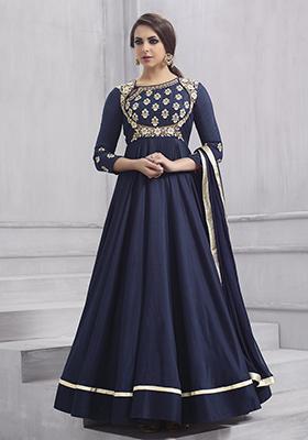 Navy Blue Foil Print Embroidered Silk Kurta Set