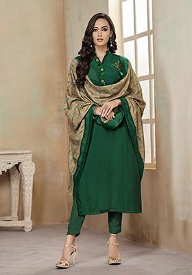 Green Solid Cotton Kurta Set