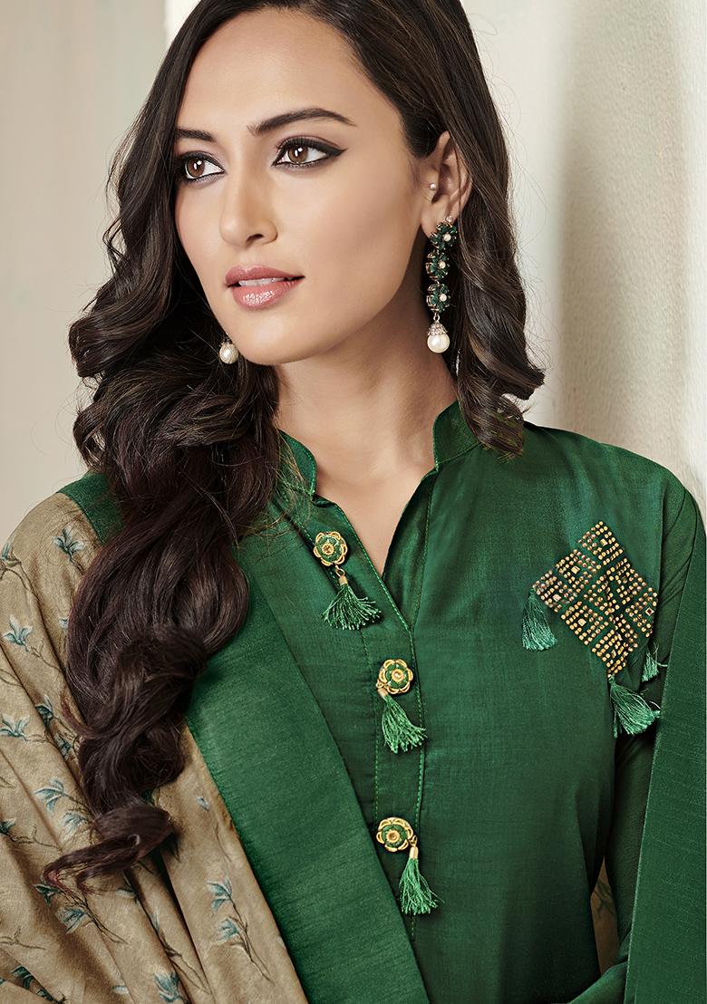 Green Solid Cotton Kurta Set