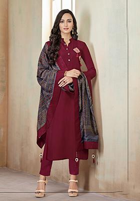 Maroon Solid Cotton Kurta Set