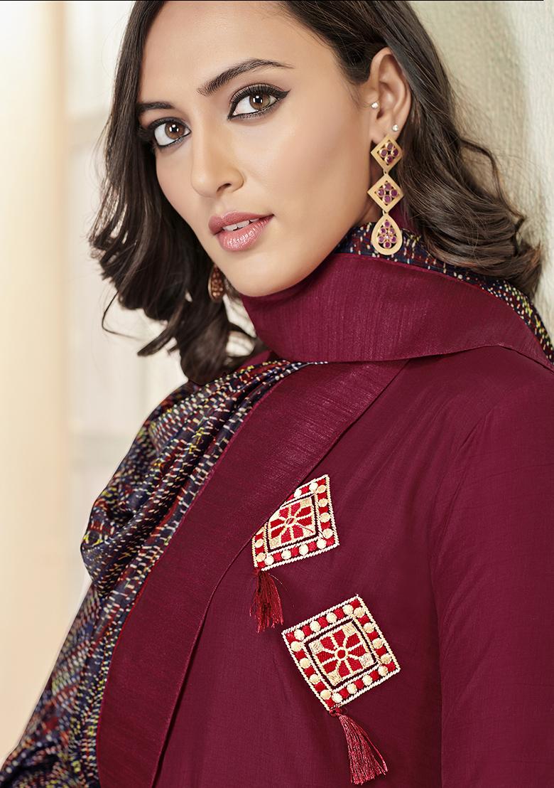 Maroon Solid Cotton Kurta Set