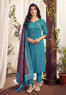 Blue Hand Embroidered Cotton Kurta Set