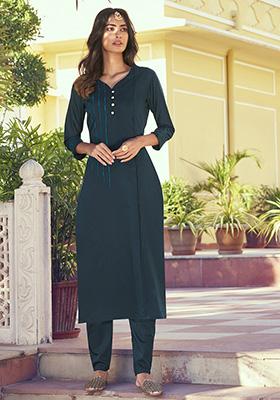Navy Blue Embroidered Silk Kurta Set