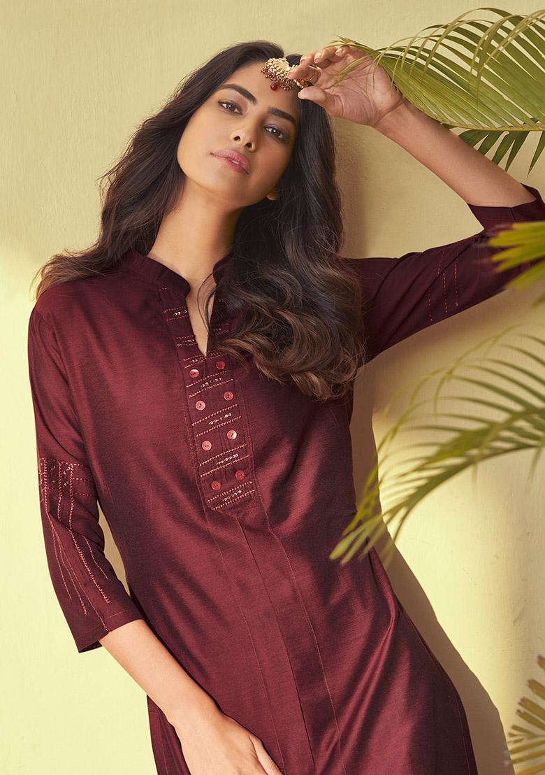 Maroon Embroidered Silk Kurta Set