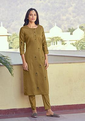 Mustard Embroidered Silk Kurta Set